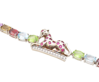925 Sterling Silver Vintage Bracelet Multi Gemstone & CZ Wild Leopard  BT11550