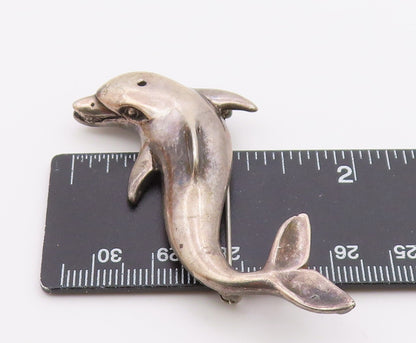 MEXICO 925 Sterling Silver  Vintage Dark Tone Dolphin Motif Brooch Pin  BP3281