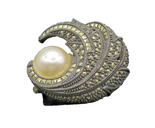JUDITH JACK 925 Silver  Vintage Pearl & Marcasite Swirl Brooch Pin  BP8917