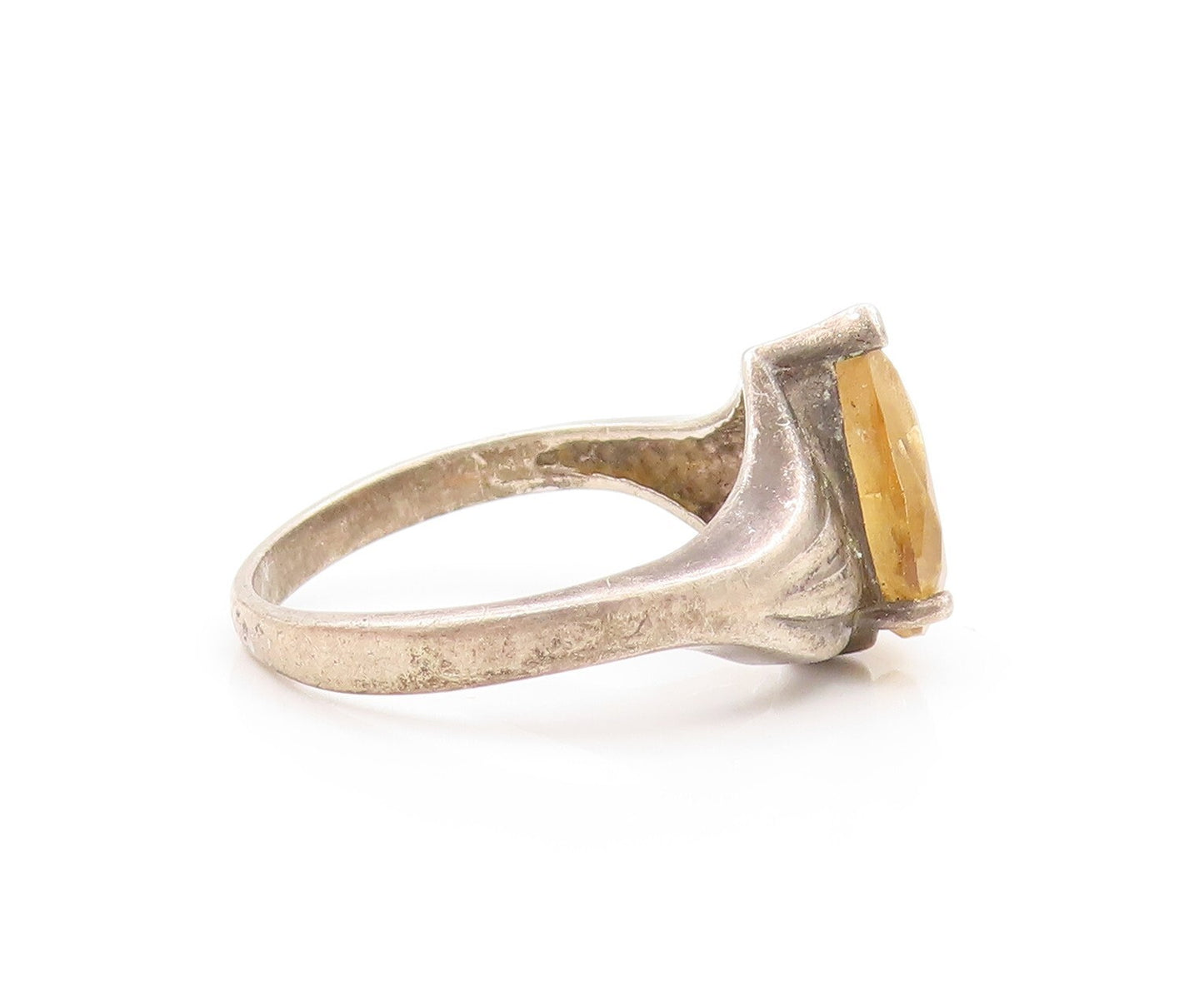 925 Sterling Silver Vintage Ring Dark Tone Carved Drop Cut Citrine Sz 9  RG31826