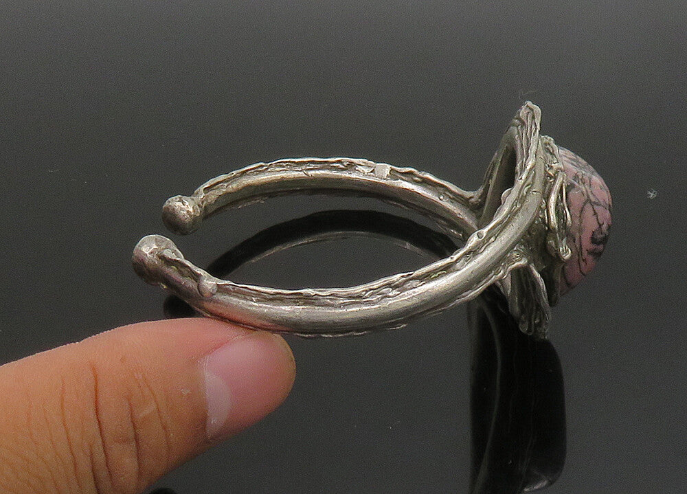 925 Sterling Silver  Vintage Rhodonite Modernist Sculpted Cuff Bracelet BT9130