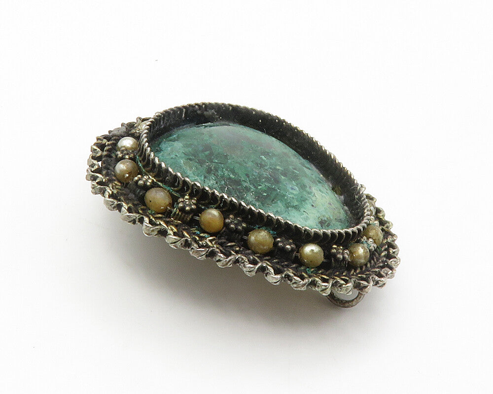 ISRAEL 925 Silver  Vintage Eilat Stone & Petite Pearls Brooch Pin  BP5498
