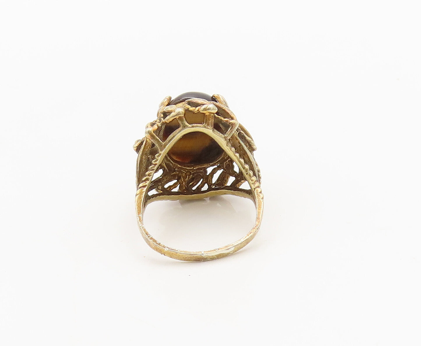 925 Silver  Vintage Gold Plated Swirly Carved Tiger's Eye Ring Sz 9.5  RG27108