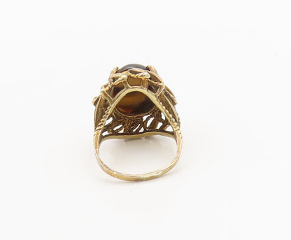 925 Silver  Vintage Gold Plated Swirly Carved Tiger's Eye Ring Sz 9.5  RG27108