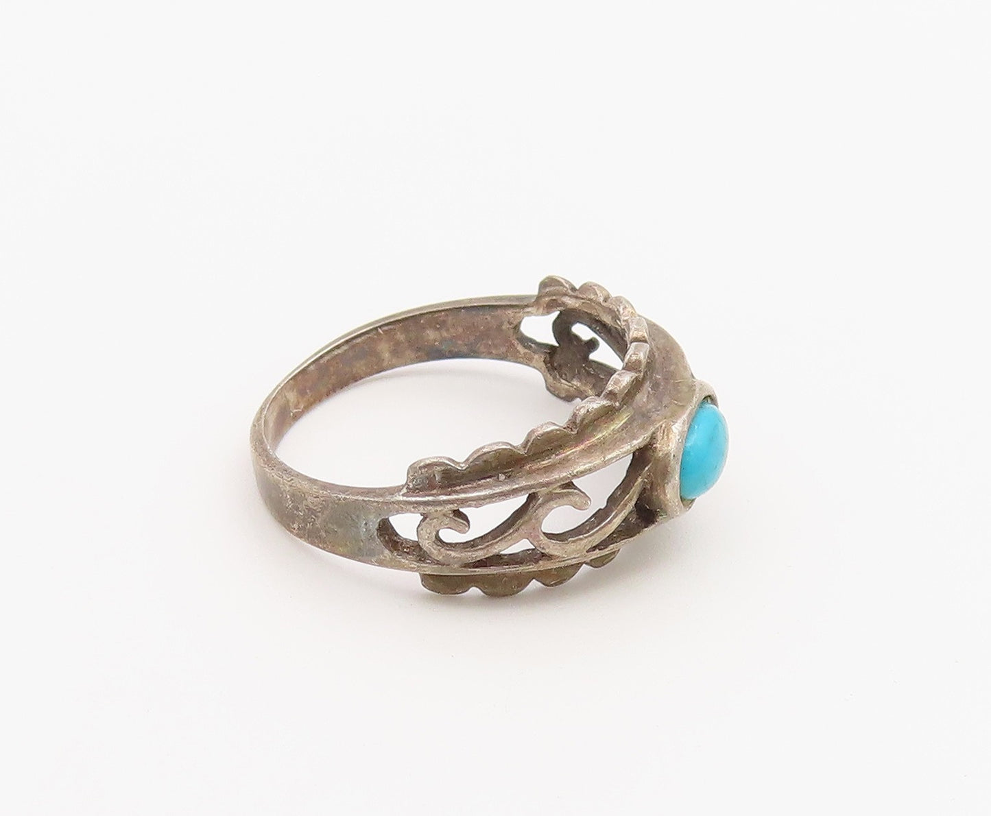 925 Sterling Silver Vintage Ring Cabochon Turquoise Openwork Band  Sz 6  RG36876