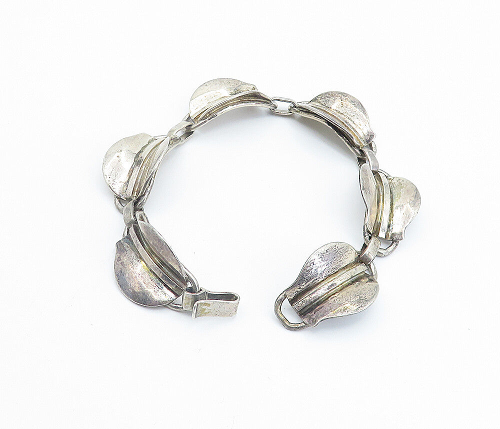 925 Sterling Silver  Vintage Modernist Floral Leaf Link Chain Bracelet  BT3325