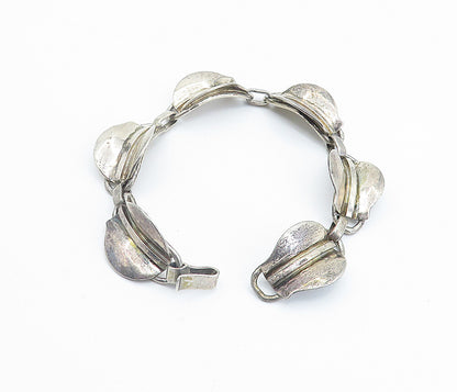 925 Sterling Silver  Vintage Modernist Floral Leaf Link Chain Bracelet  BT3325