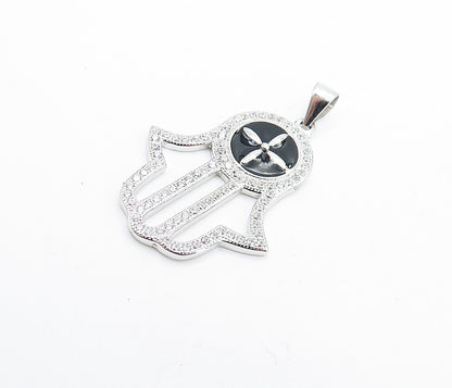 925 Sterling Silver  Shiny Topaz & Enamel Detail Open Hamsa Pendant  PT5568