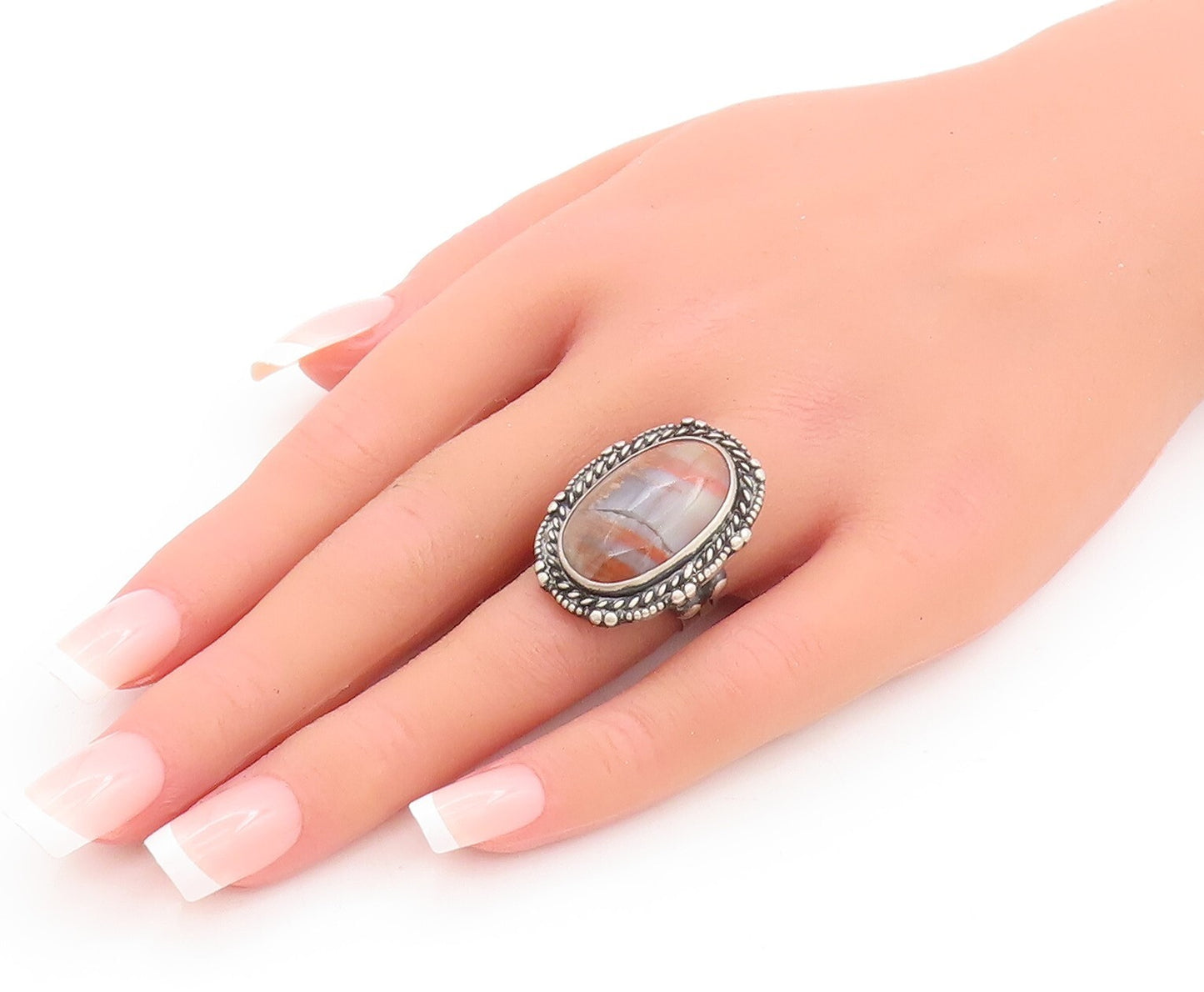 925 Sterling Silver Vintage Ring NAVAJO Floral Carved Border Gem  Sz 6  RG28738