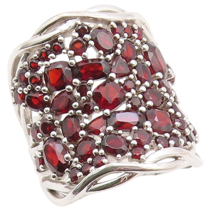 925 Sterling Silver Vintage Ring Chunky Garnet Wide Statement Band Sz 9 RG36488