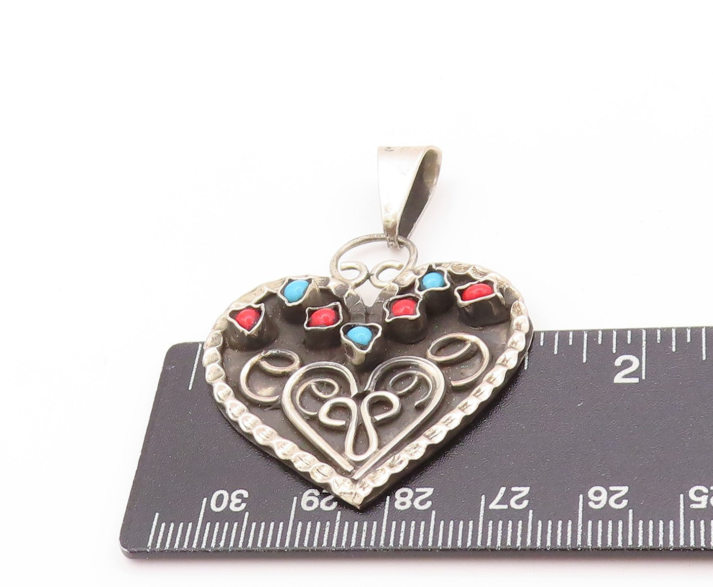 925 Sterling Silver Vintage Pendant Antique Etched Turquoise Heart  PT24210