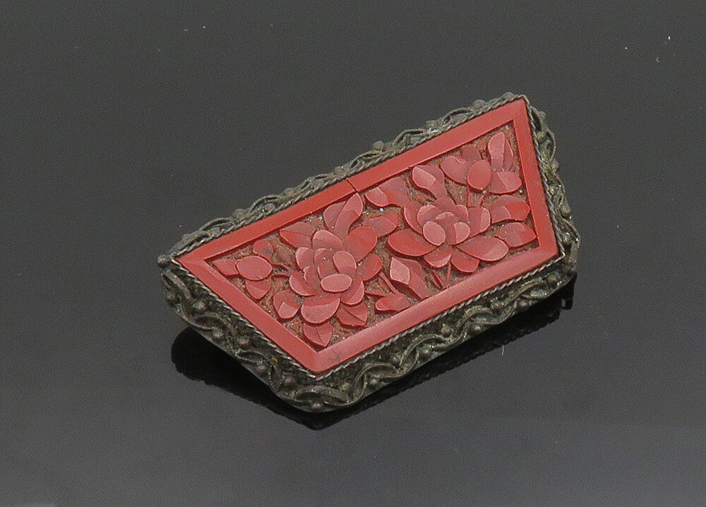 CHINESE 925 Silver  Vintage Antique Floral Carved Cinnabar Brooch Pin  BP7862