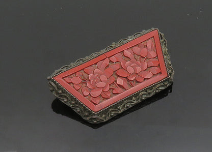 CHINESE 925 Silver  Vintage Antique Floral Carved Cinnabar Brooch Pin  BP7862