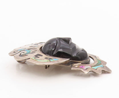 925 Sterling Silver Vintage Brooch Pin TAXCO Onyx Face Abalone Crown  BP11459
