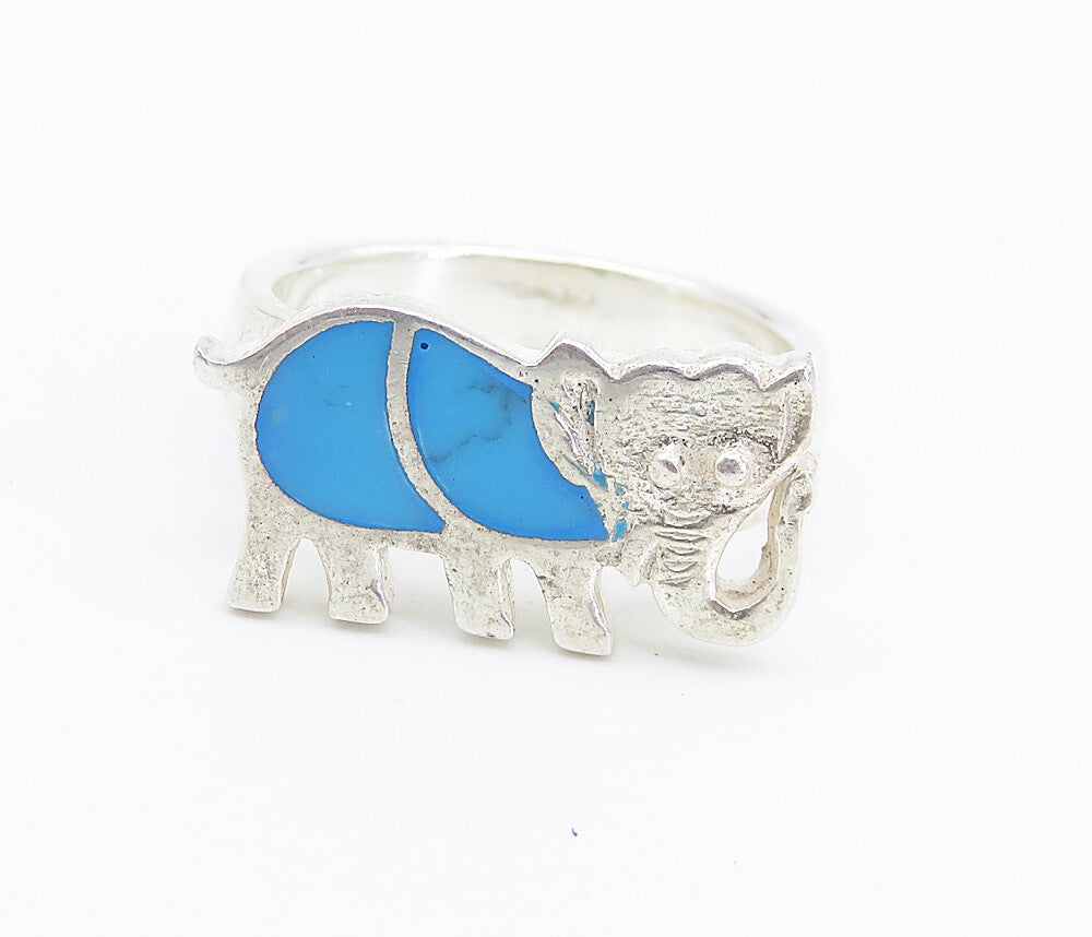 925 Sterling Silver  Inlaid Turquoise Elephant Motif Band Ring Sz 6.5  RG8516