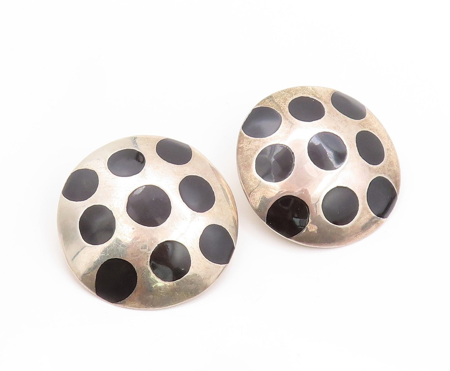 925 Sterling Silver Vintage Earrings MEXICO Polka Dot Onyx Design Disk  EG13578