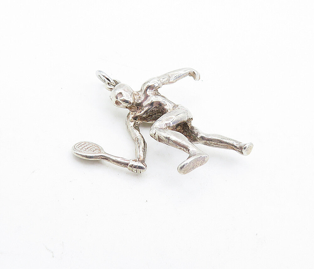 925 Sterling Silver  Vintage Shiny Sculpted Tennis Player Pendant  PT4764