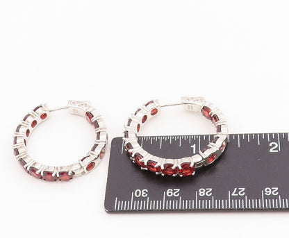 925 Sterling Silver Vintage Earrings Round Red Garnet Modernist Hoops  EG13742