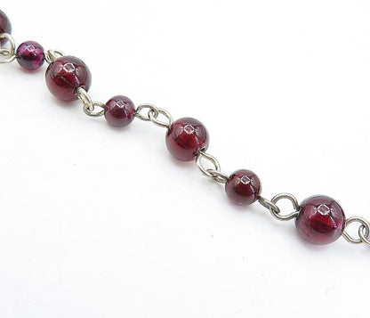925 Sterling Silver Vintage Red Topaz Ball Beaded Chain Necklace NE1127