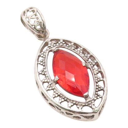 925 Sterling Silver Vintage Pendant Marquise Cut Ruby Openwork Charm  PT26347