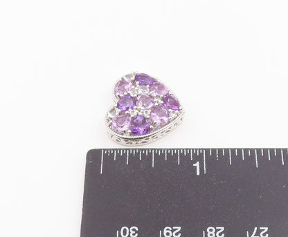 925 Sterling Silver Vintage Pendant Amethyst & Topaz Love Heart Cluster  PT26481