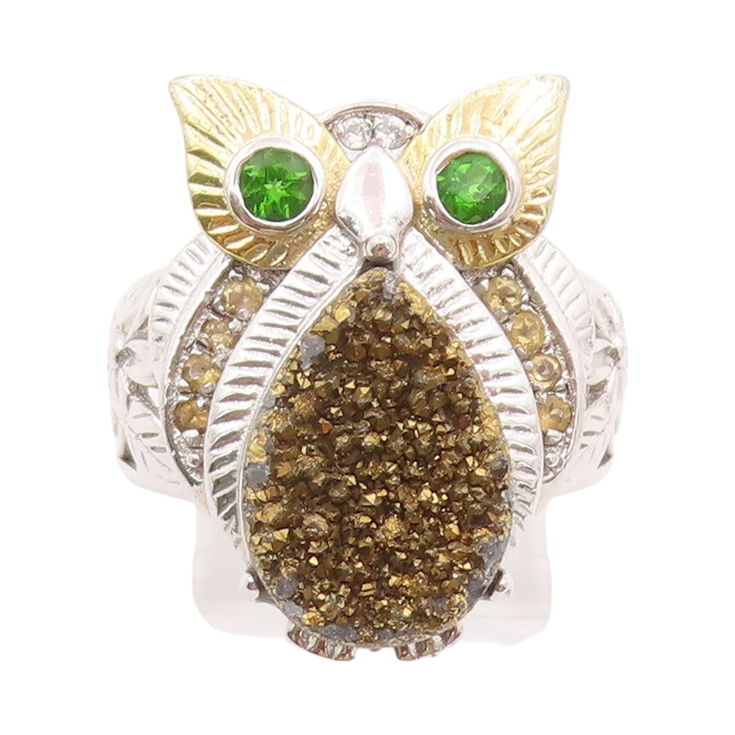 925 Sterling Silver Vintage Ring Drusy Quartz & CZ Eyed Owl  Sz 5.5  RG32621