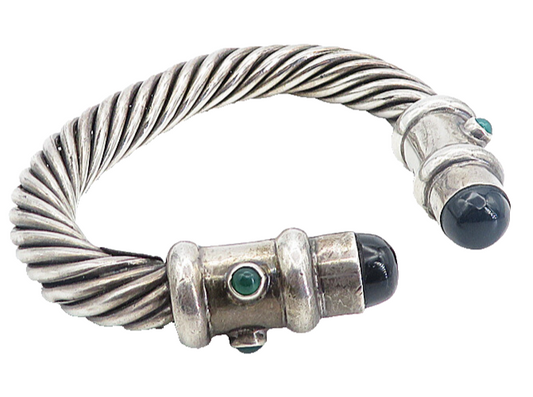 MEXICO 925 Silver  Vintage Black Onyx & Green Topaz Twist Cuff Bracelet BT3514
