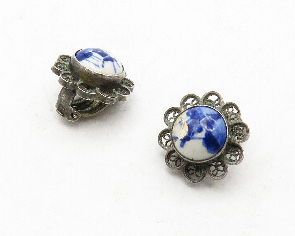 925 Sterling Silver Vintage Enamel Art Non Pierce Floral Earrings EG6809