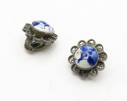 925 Sterling Silver Vintage Enamel Art Non Pierce Floral Earrings EG6809