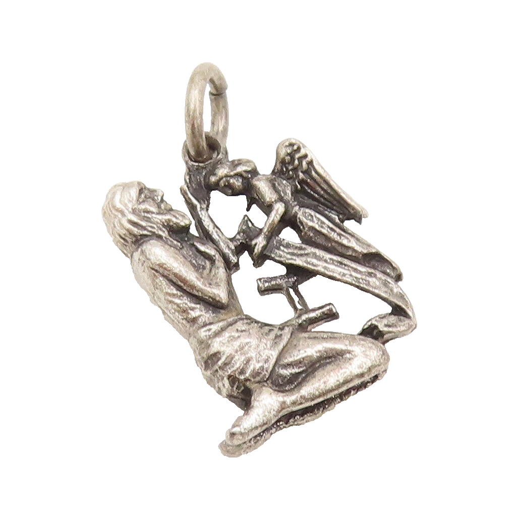 925 Sterling Silver  Vintage Religious Praying Man And Angle Pendant  PT22384