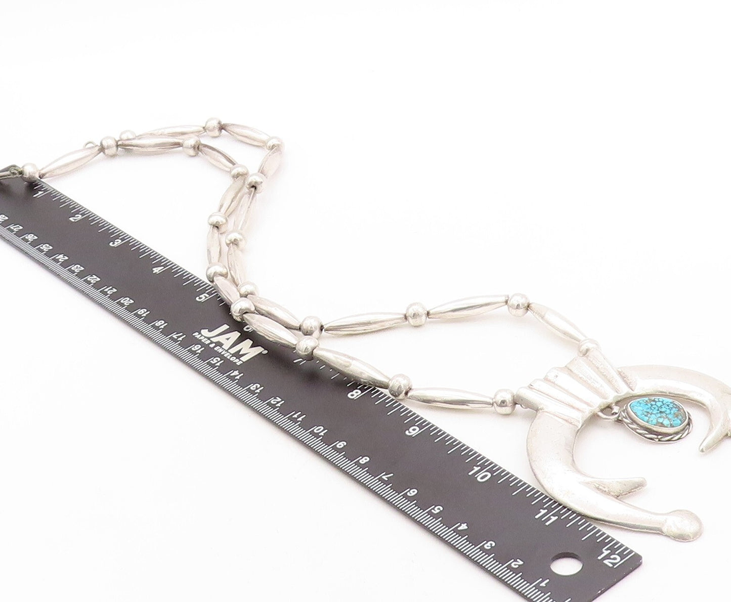 925 Sterling Silver Vintage Necklace NAVAJO ZUNI Large Carved Turquoise  NE4366