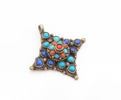 925 Sterling Silver Vintage Pendant Turquoise Lapis Lazuli Carnelian  PT24166