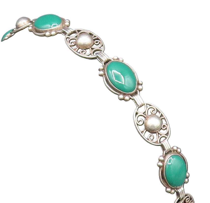 MORALES MEDRANO 925 Silver  Vintage Green Onyx & Bead Ball Bracelet  BT9678