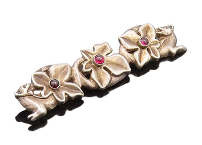 925 Sterling Silver Vintage Brooch Pin Rough Carved Ruby Flowers Row  BP10649