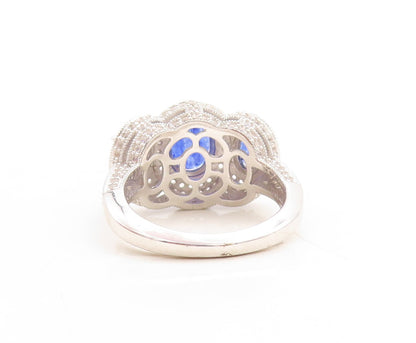 925 Sterling Silver Vintage Ring Oval Cut Sapphire Halo CZ Inlay  Sz 7  RG29887