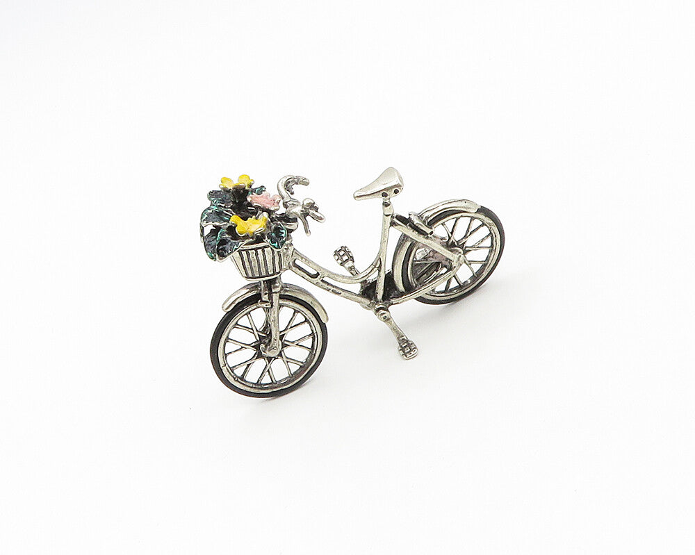 925 Sterling Silver  Vintage Enamel Bicycle With Flower Basket Trinket  TR2590