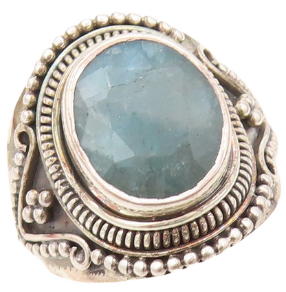 925 Sterling Silver Vintage Ring Bead Design Carved Oval Gemstone  Sz 7  RG30596