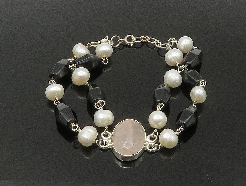 925 Sterling Silver  Rose Quartz & Freshwater Pearls Chain Bracelet  BT1164