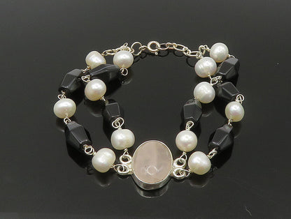 925 Sterling Silver  Rose Quartz & Freshwater Pearls Chain Bracelet  BT1164
