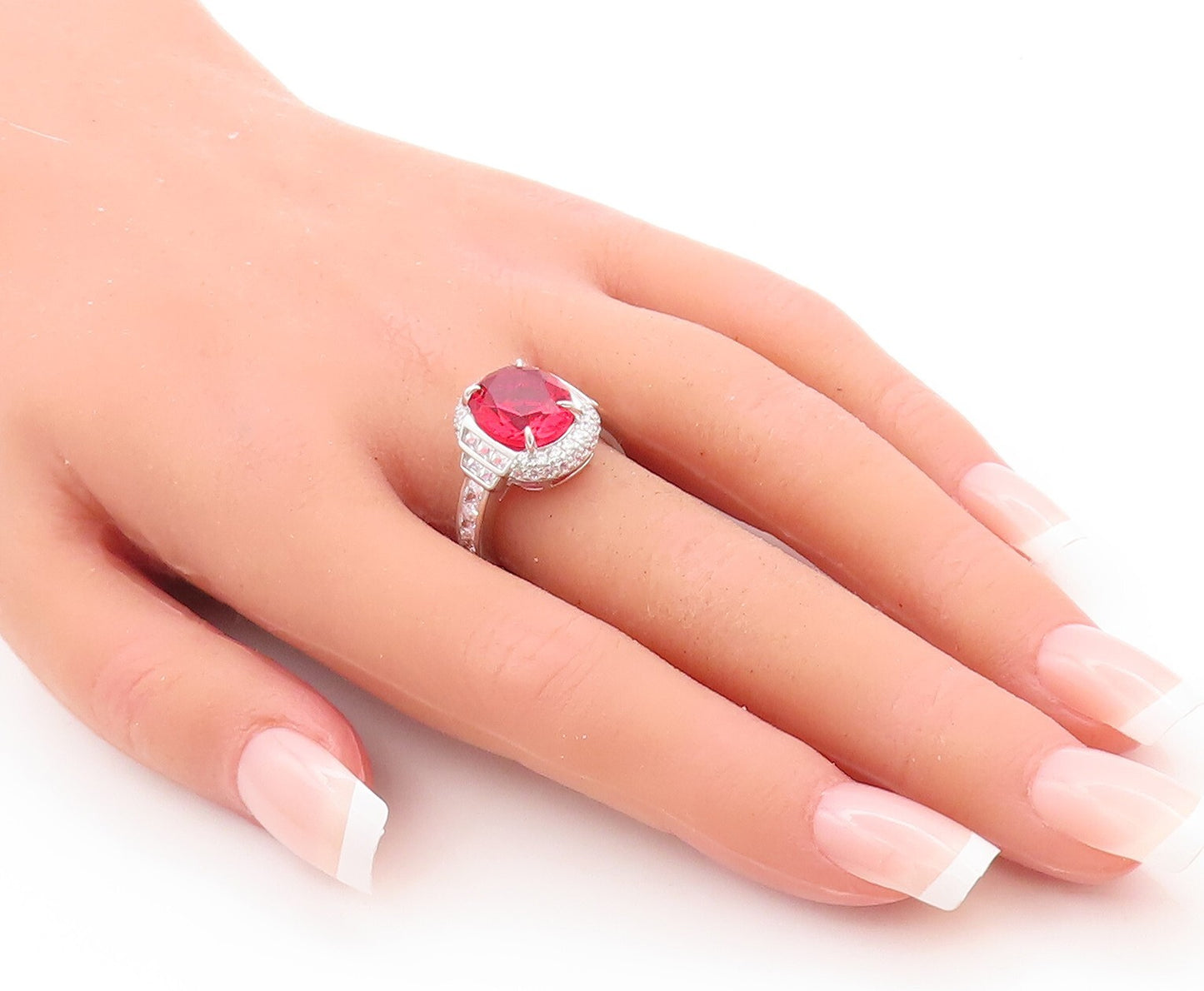 925 Sterling Silver Vintage Ring Oval Cut Red Halo White CZ  Sz 7  RG29790