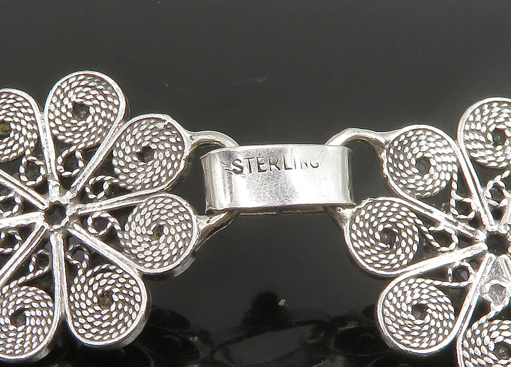 925 Sterling Silver  Vintage Amethyst Flower Motif Chain Bracelet  BT9080