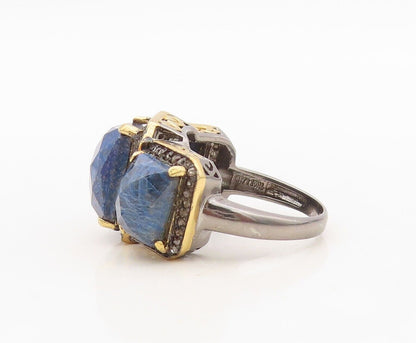 925 Sterling Silver Vintage Ring Diamonds & Rectangle Blue Gemstone Sz 8 RG30323