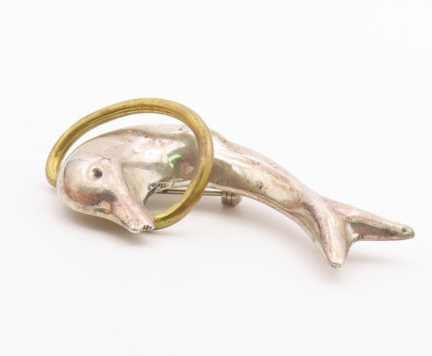 MEXICO 925 Sterling Silver  Vintage Leaping Dolphin 2 Tone Brooch Pin  BP6502