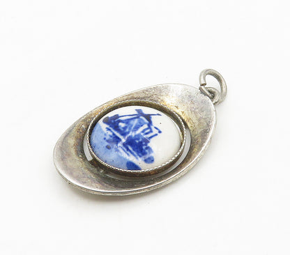 925 Sterling Silver  Vintage Enamel Windmill Scene Smooth Pendant  PT12116