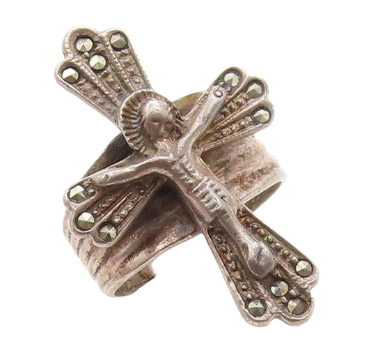 925 Sterling Silver Vintage Ring Marcasite Inlay Jesus On Cross  Sz 6  RG31328