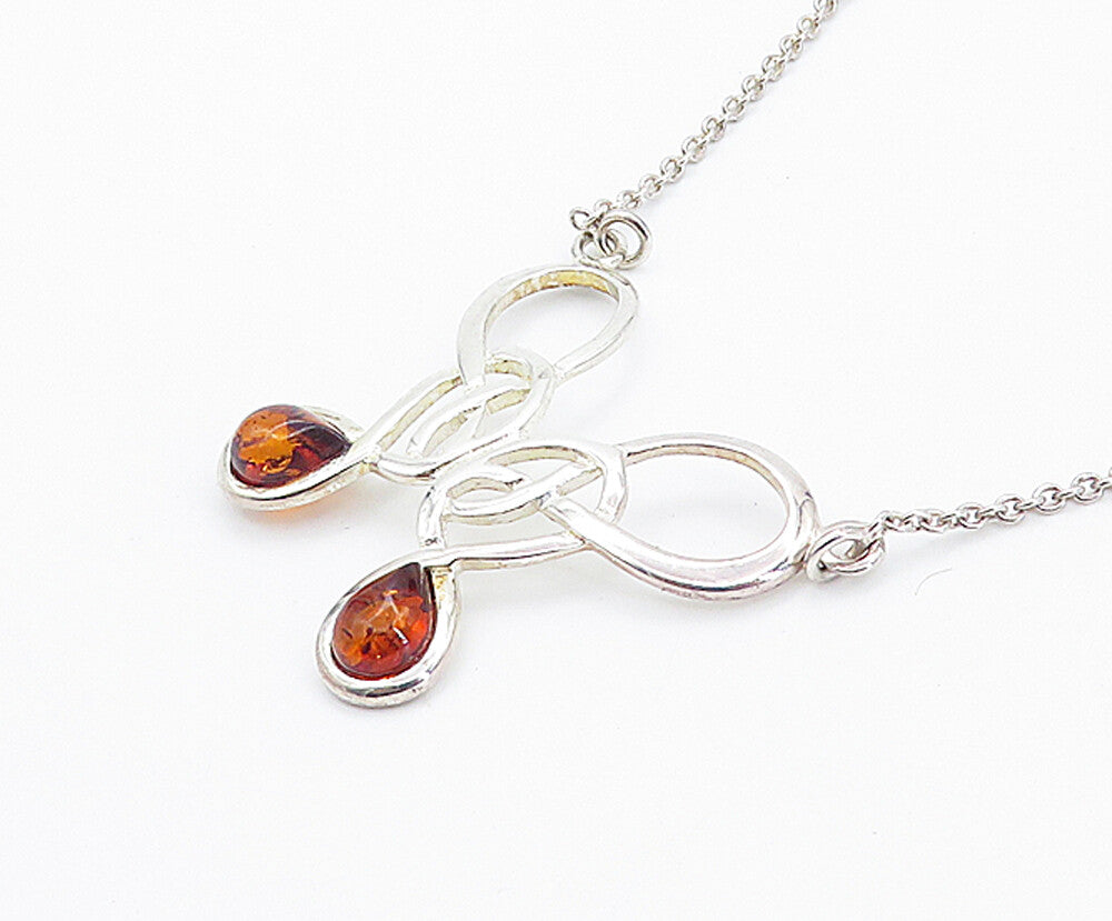 925 Sterling Silver  Cabochon Cut Amber Shiny Knot Chain Necklace  NE1257
