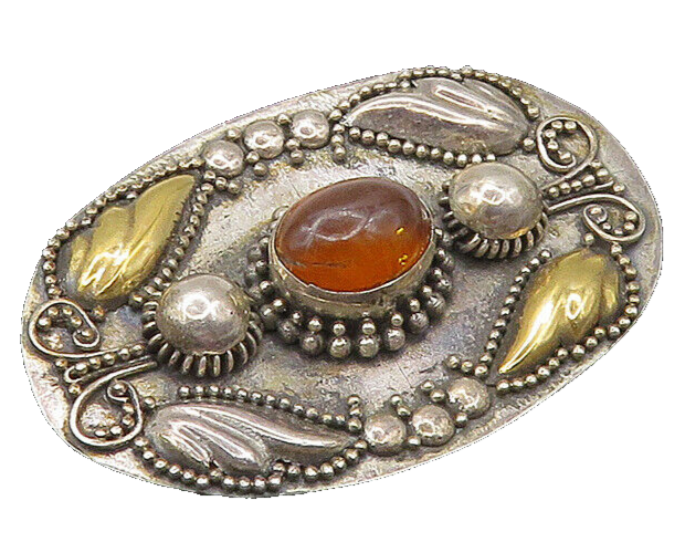 925 Silver & 18K GOLD  Vintage Cabochon Cut Amber 2 Tone Brooch Pin  BP8304