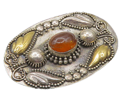 925 Silver & 18K GOLD  Vintage Cabochon Cut Amber 2 Tone Brooch Pin  BP8304