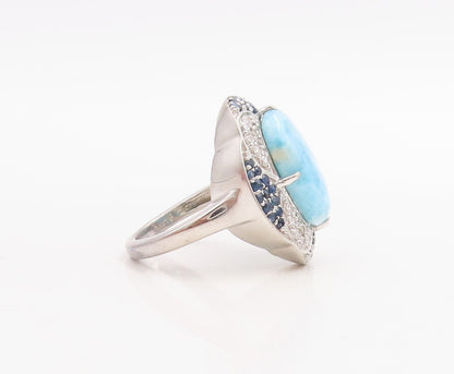 925 Sterling Silver Vintage Ring Larimar Halo Sapphire & CZ Inlay Sz 7  RG30733