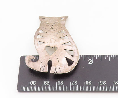 925 Sterling Silver Vintage Brooch MEXICO Love Heart Cutout Kitten Pin  BP12132